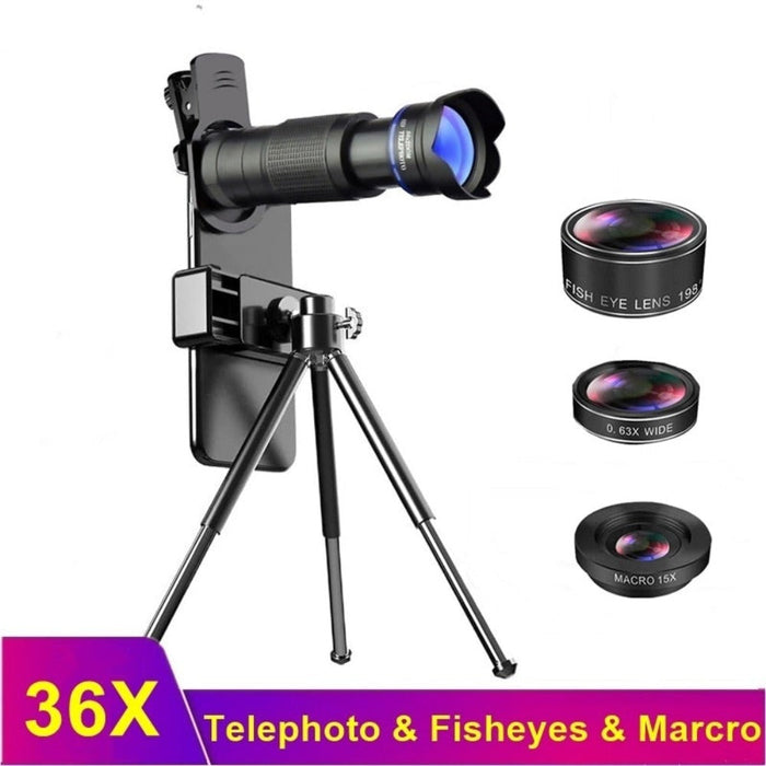 36X Mobile Phone Lens Kit With Tripod, Enhance Your Photography Experience: black, blue handheld telephoto lens/monocular, co