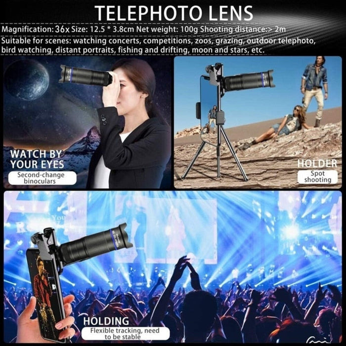 36X Mobile Phone Lens Kit With Tripod, Enhance Your Photography Experience: black, blue handheld telephoto lens/monocular, co