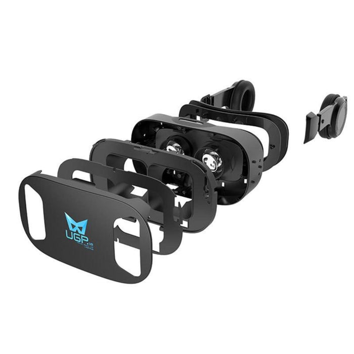 3D Virtual Reality Headset with Integrated Stereo Headphone: black, dark gray VR headset, modern tech style