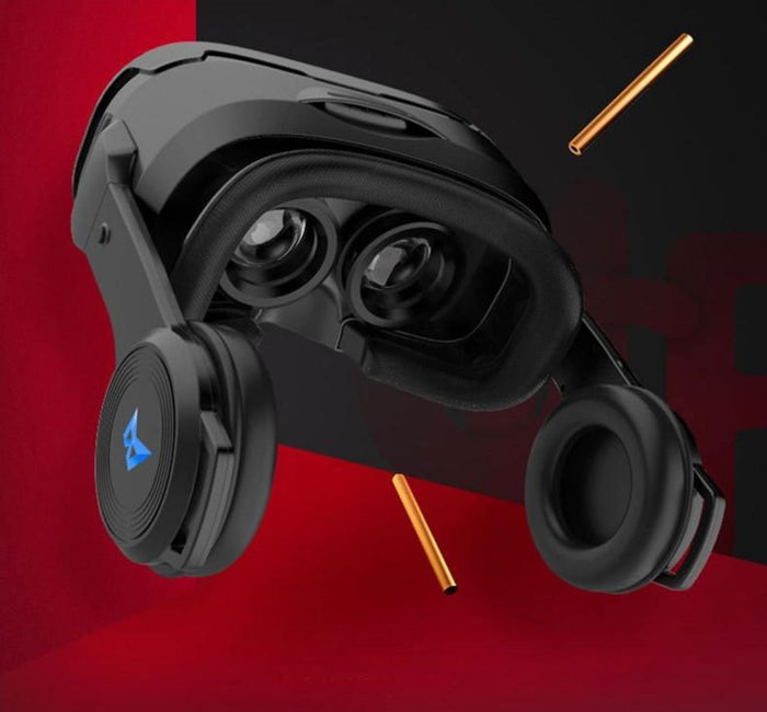 3D Virtual Reality Headset with Integrated Stereo Headphone: black, dark gray VR headset, modern tech style
