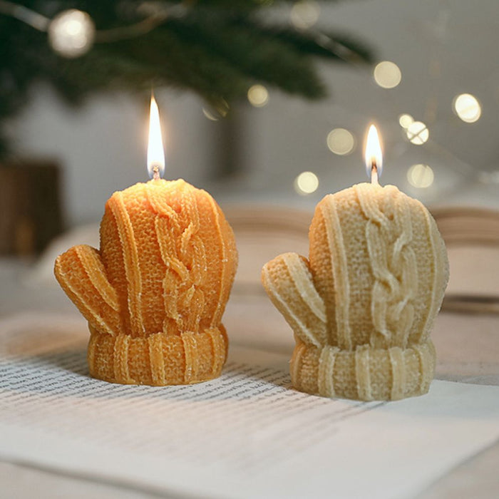 4-Piece Set of Seasonal Candle-Decorated Gloves for Winter: orange, cream knitted mittens, cozy, handmade-look, winter-themed