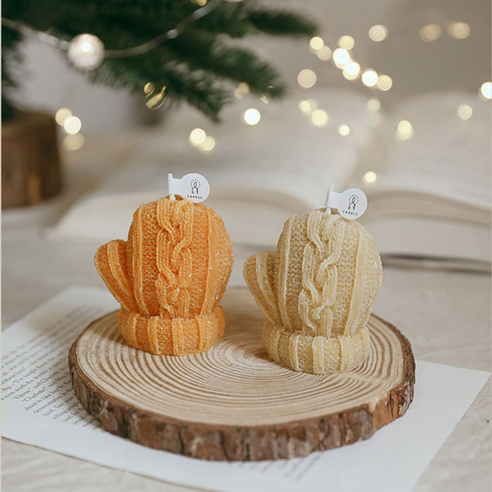 4-Piece Set of Seasonal Candle-Decorated Gloves for Winter: orange, cream knitted mittens, cozy, handmade-look, winter-themed