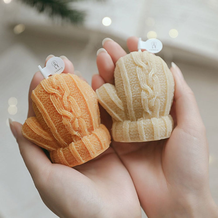 4-Piece Set of Seasonal Candle-Decorated Gloves for Winter: orange, cream knitted mittens, cozy, handmade-look, winter-themed
