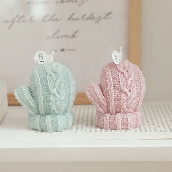 4-Piece Set of Seasonal Candle-Decorated Gloves for Winter: orange, cream knitted mittens, cozy, handmade-look, winter-themed