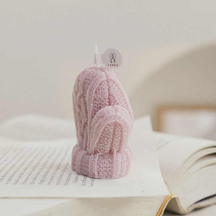 4-Piece Set of Seasonal Candle-Decorated Gloves for Winter: orange, cream knitted mittens, cozy, handmade-look, winter-themed