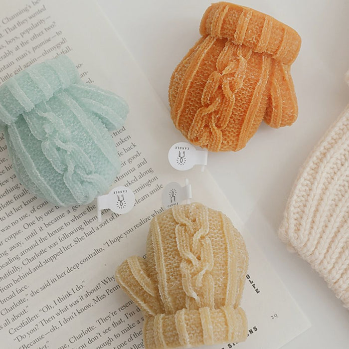 4-Piece Set of Seasonal Candle-Decorated Gloves for Winter: orange, cream knitted mittens, cozy, handmade-look, winter-themed