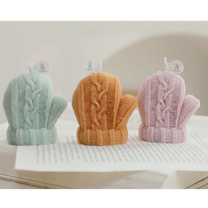 4-Piece Set of Seasonal Candle-Decorated Gloves for Winter: orange, cream knitted mittens, cozy, handmade-look, winter-themed