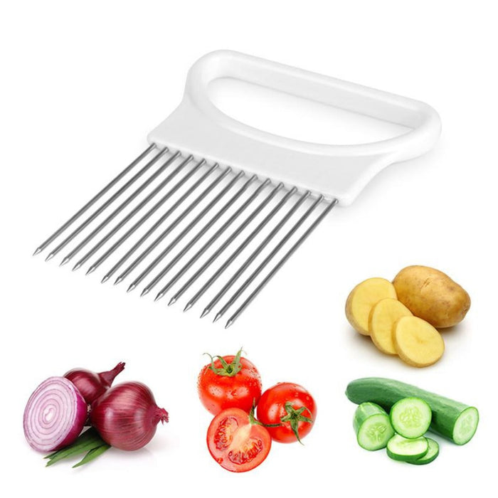 4-Piece Stainless Steel Vegetable Cutter Stand: white, silver vegetable slicing holder tool, minimal style