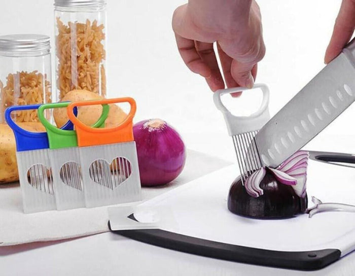 4-Piece Stainless Steel Vegetable Cutter Stand: white, silver vegetable slicing holder tool, minimal style