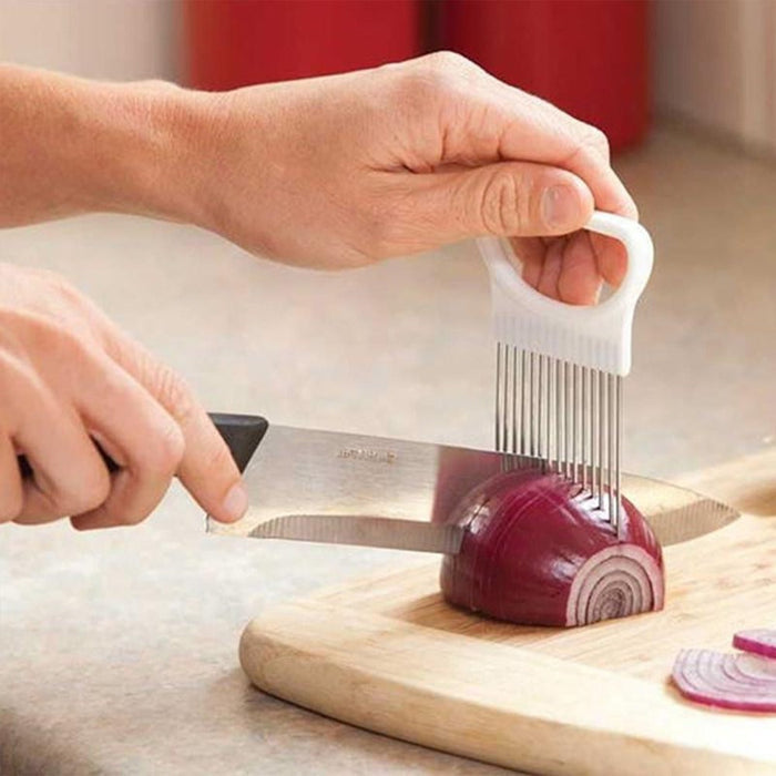 4-Piece Stainless Steel Vegetable Cutter Stand: white, silver vegetable slicing holder tool, minimal style