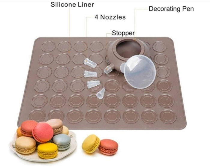 48-Cavity Silicone Macaron Baking Mold Kit for Oven Pastry: brown, translucent white pastry decorating piping bag set, practi