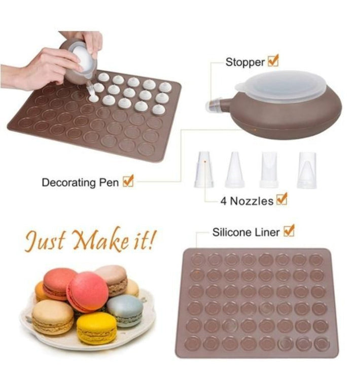 48-Cavity Silicone Macaron Baking Mold Kit for Oven Pastry: brown, translucent white pastry decorating piping bag set, practi