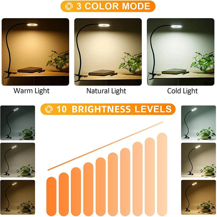 48 LED Clip-On Desktop Light: black, warm yellow clip-on gooseneck lamp, minimal modern style