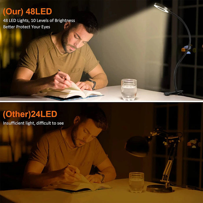48 LED Clip-On Desktop Light: black, warm yellow clip-on gooseneck lamp, minimal modern style