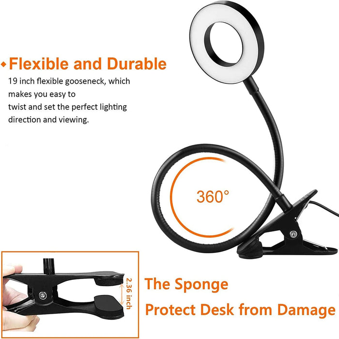 48 LED Clip-On Desktop Light: black, warm yellow clip-on gooseneck lamp, minimal modern style