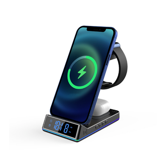 5-in-1 Wireless Charging Station: Harness the Power of the Dragon: black, dark gray wireless charging stand with digital cloc