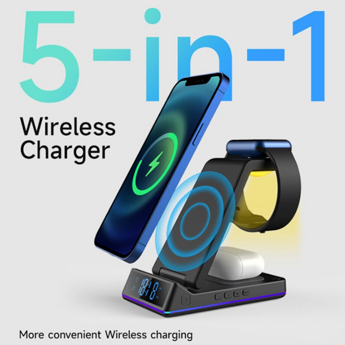 5-in-1 Wireless Charging Station: Harness the Power of the Dragon: black, dark gray wireless charging stand with digital cloc