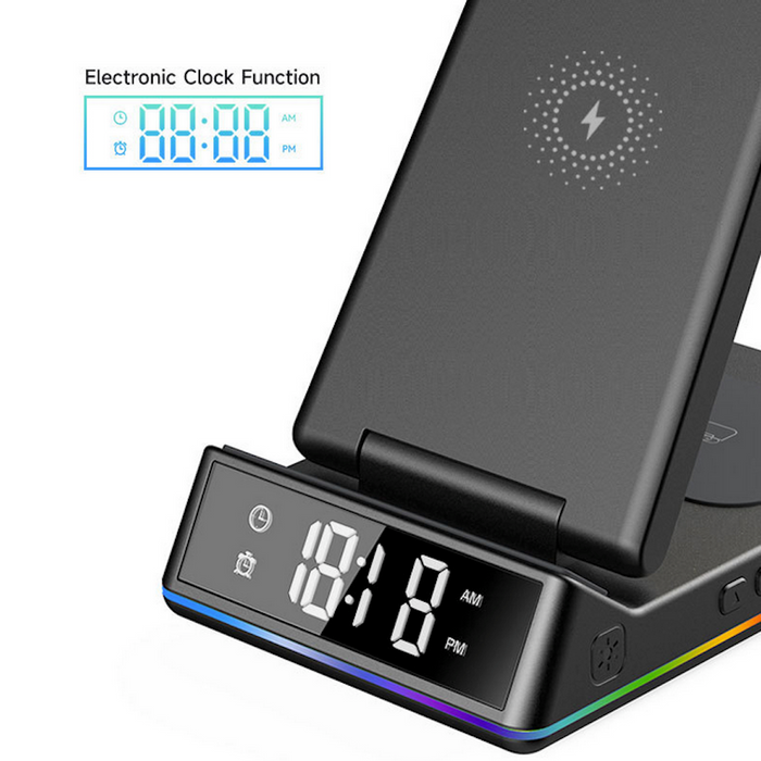 5-in-1 Wireless Charging Station: Harness the Power of the Dragon: black, dark gray wireless charging stand with digital cloc