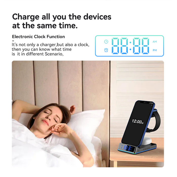 5-in-1 Wireless Charging Station: Harness the Power of the Dragon: black, dark gray wireless charging stand with digital cloc