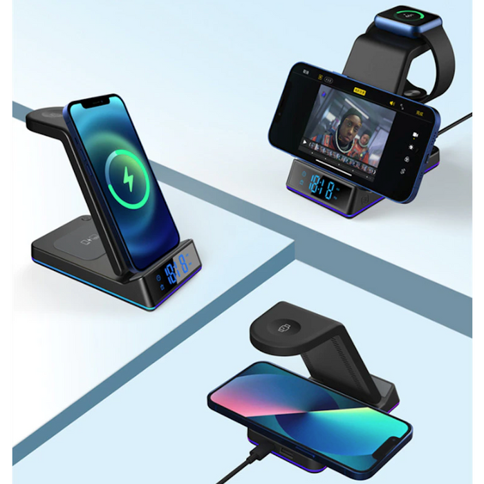 5-in-1 Wireless Charging Station: Harness the Power of the Dragon: black, dark gray wireless charging stand with digital cloc