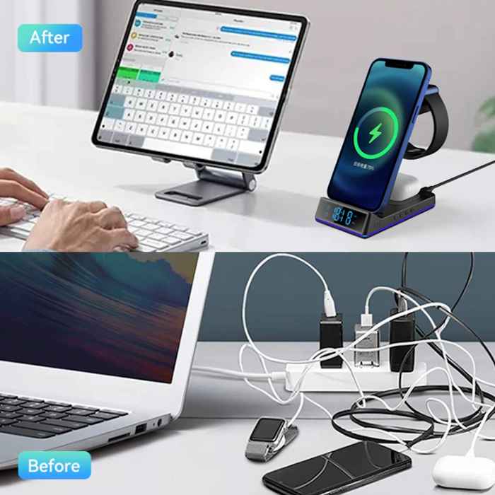 5-in-1 Wireless Charging Station: Harness the Power of the Dragon: black, dark gray wireless charging stand with digital cloc
