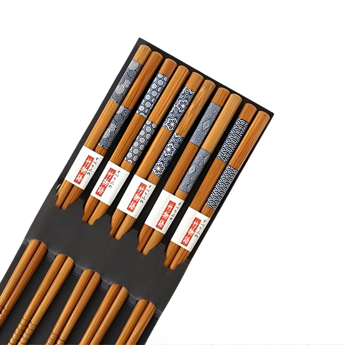 5 Pair Set of Sustainable Bamboo Japanese Wooden Chopsticks: brown, black chopstick set, Japanese-inspired patterned style