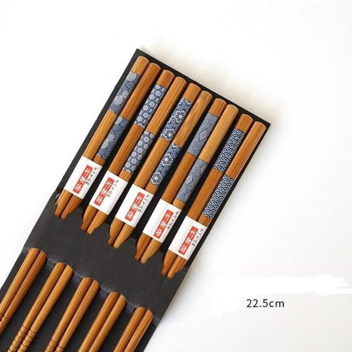 5 Pair Set of Sustainable Bamboo Japanese Wooden Chopsticks: brown, black chopstick set, Japanese-inspired patterned style