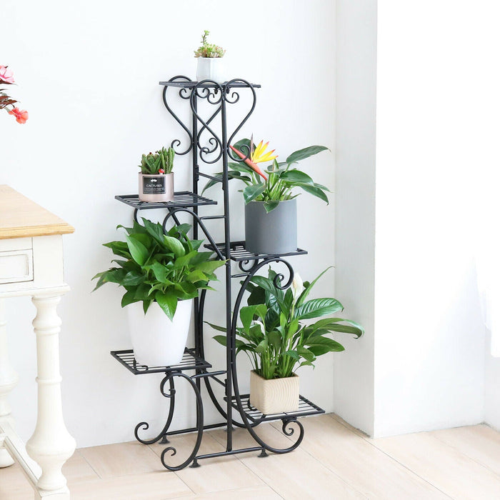 5 Tier Metal Plant Stand for Indoor and Outdoor Use: black, green multi-tier plant stand, ornamental wrought-iron look style