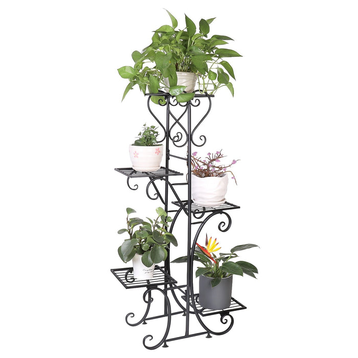 5 Tier Metal Plant Stand for Indoor and Outdoor Use: black, green multi-tier plant stand, ornamental wrought-iron look style