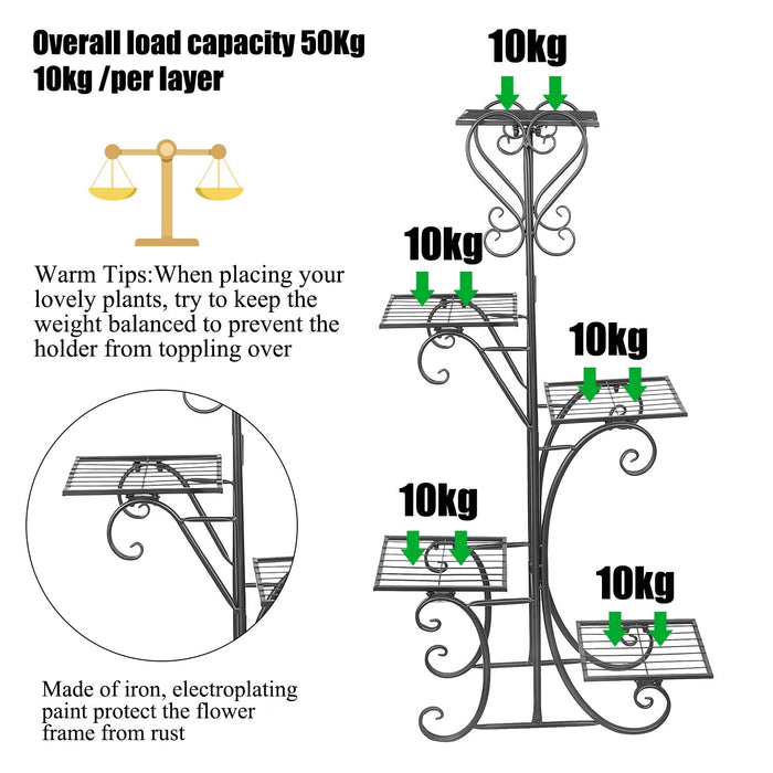 5 Tier Metal Plant Stand for Indoor and Outdoor Use: black, green multi-tier plant stand, ornamental wrought-iron look style