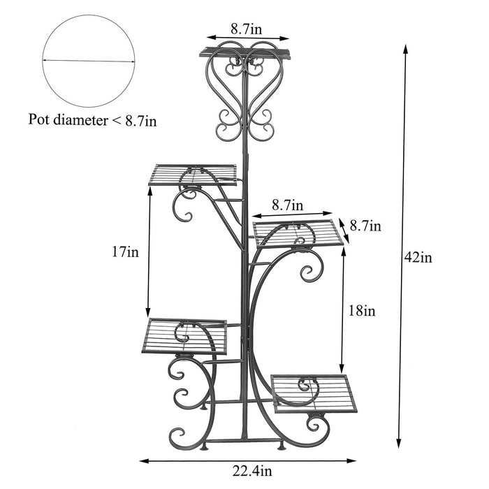 5 Tier Metal Plant Stand for Indoor and Outdoor Use: black, green multi-tier plant stand, ornamental wrought-iron look style