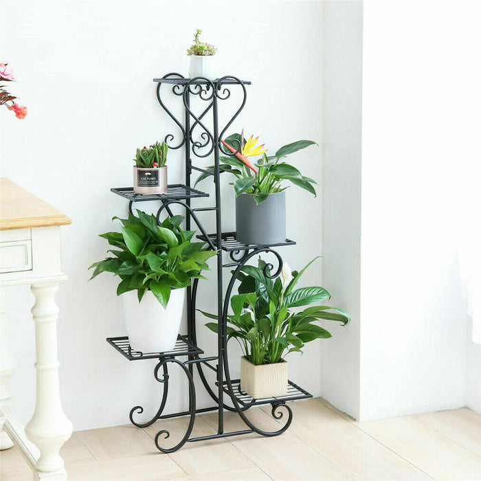 5 Tier Metal Plant Stand for Indoor and Outdoor Use: black, green multi-tier plant stand, ornamental wrought-iron look style