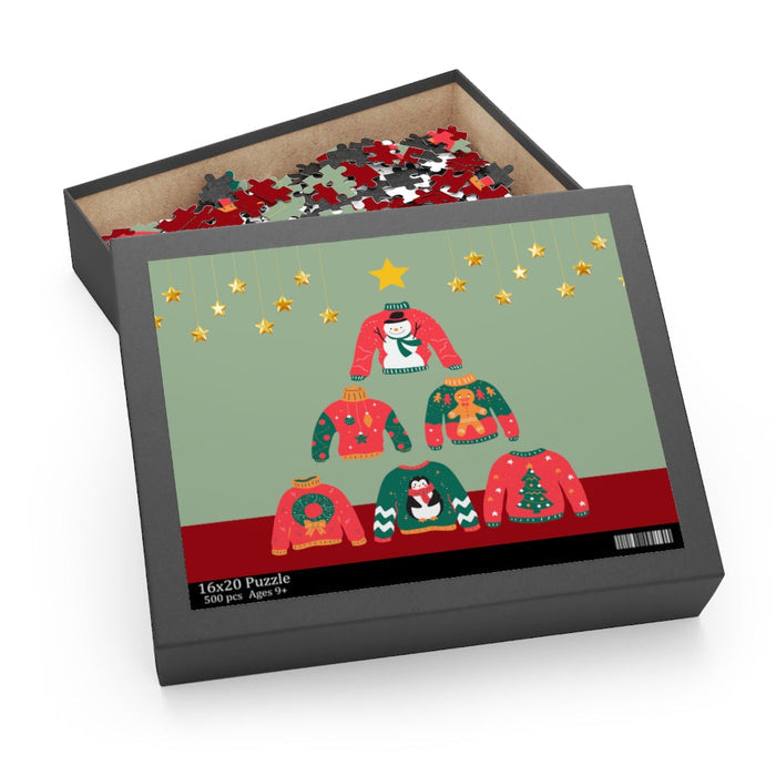 500-Piece Christmas Tree Ugly Sweater Puzzle: black, green Christmas sweaters, cartoon holiday illustration style