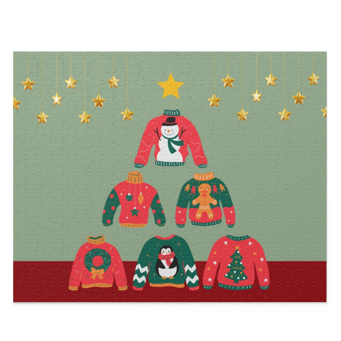 500-Piece Christmas Tree Ugly Sweater Puzzle: black, green Christmas sweaters, cartoon holiday illustration style