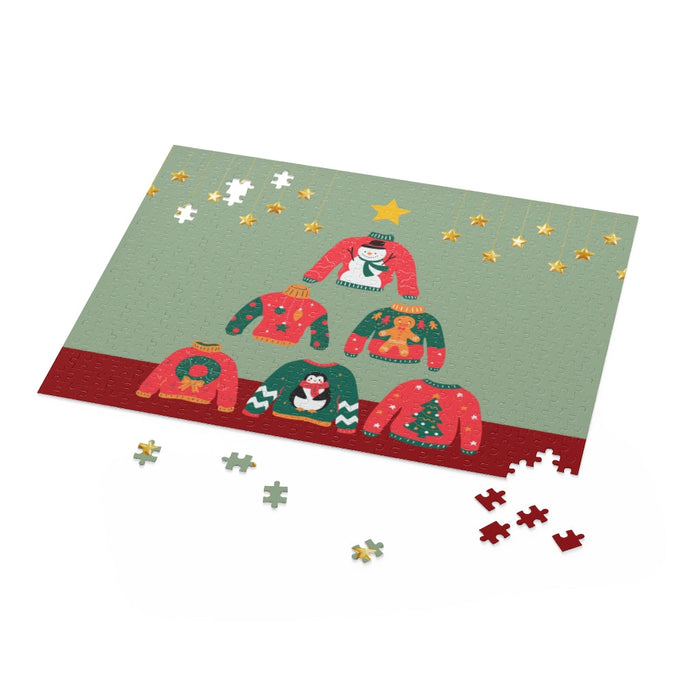 500-Piece Christmas Tree Ugly Sweater Puzzle: black, green Christmas sweaters, cartoon holiday illustration style
