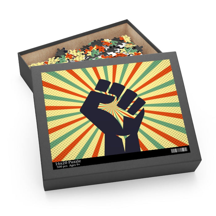 500-Piece Hand Jigsaw Puzzle with a Retro Theme: black, dark gray raised fist graphic, retro poster graphic style