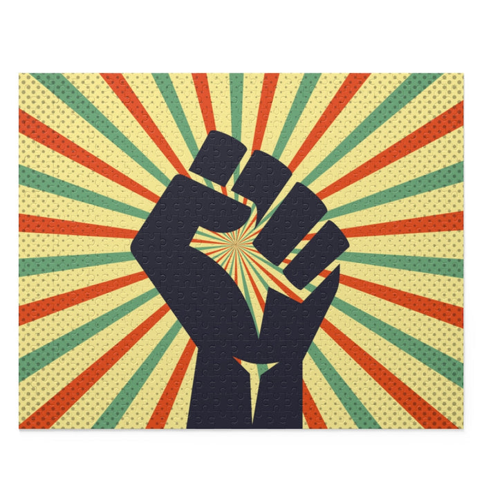 500-Piece Hand Jigsaw Puzzle with a Retro Theme: black, dark gray raised fist graphic, retro poster graphic style