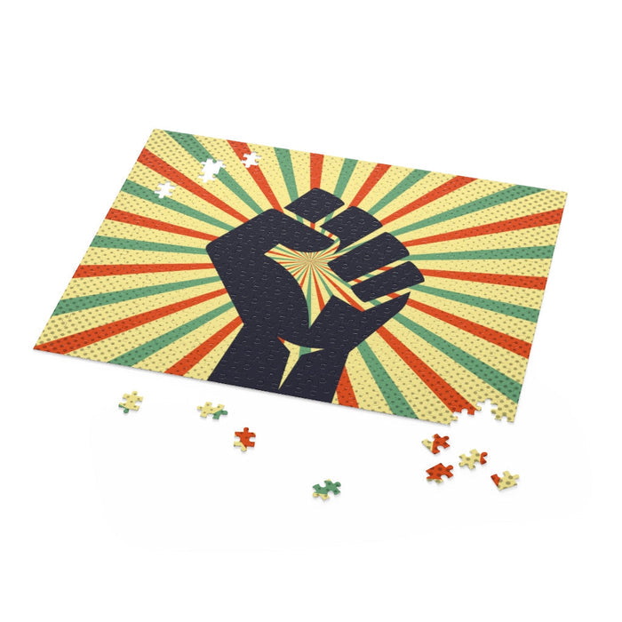 500-Piece Hand Jigsaw Puzzle with a Retro Theme: black, dark gray raised fist graphic, retro poster graphic style