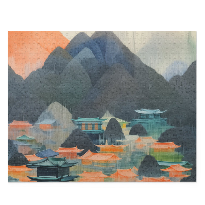 500-Piece Japanese Landscape Art Jigsaw Puzzle: Captivating Puzzle Featuring Japanese Scenery: dark blue-gray, teal mountain