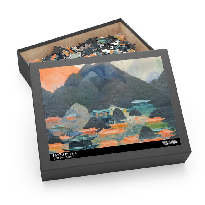 500-Piece Japanese Landscape Art Jigsaw Puzzle: Captivating Puzzle Featuring Japanese Scenery: dark blue-gray, teal mountain