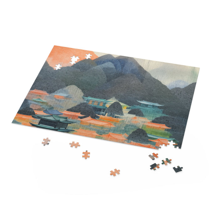500-Piece Japanese Landscape Art Jigsaw Puzzle: Captivating Puzzle Featuring Japanese Scenery: dark blue-gray, teal mountain