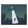 500-Piece Jigsaw Puzzle: Extraterrestrial Encounter and Pizza Party: dark teal, blue-green UFO abducting an astronaut in a fo