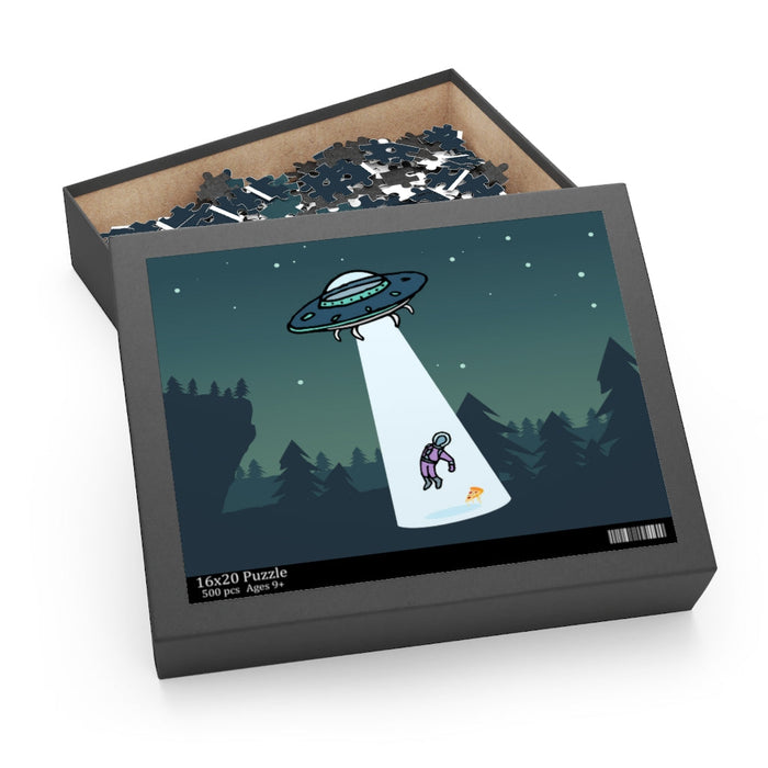 500-Piece Jigsaw Puzzle: Extraterrestrial Encounter and Pizza Party: dark teal, blue-green UFO abducting an astronaut in a fo