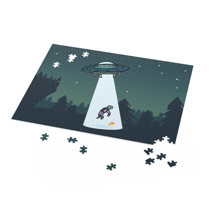 500-Piece Jigsaw Puzzle: Extraterrestrial Encounter and Pizza Party: dark teal, blue-green UFO abducting an astronaut in a fo