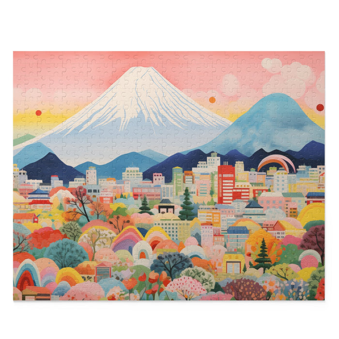 500-Piece Jigsaw Puzzle Featuring the Skyline of Mount Fuji: pink, blue stylized cityscape with mountains, colorful whimsical