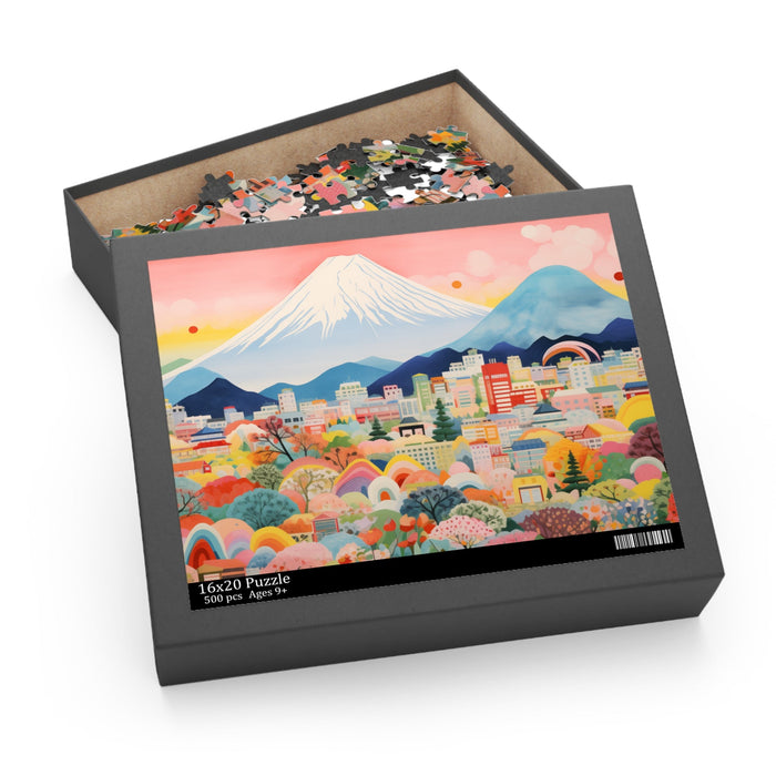 500-Piece Jigsaw Puzzle Featuring the Skyline of Mount Fuji: pink, blue stylized cityscape with mountains, colorful whimsical