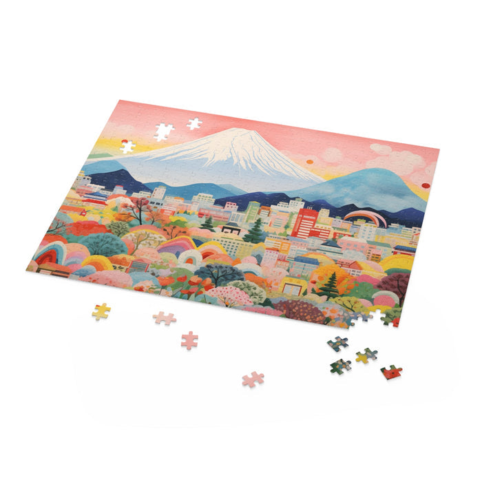 500-Piece Jigsaw Puzzle Featuring the Skyline of Mount Fuji: pink, blue stylized cityscape with mountains, colorful whimsical