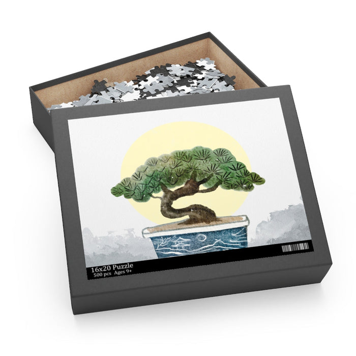 500-Piece Jigsaw Puzzle of a Bonsai Plant: white, pale yellow bonsai tree, illustrated, Japanese-inspired style