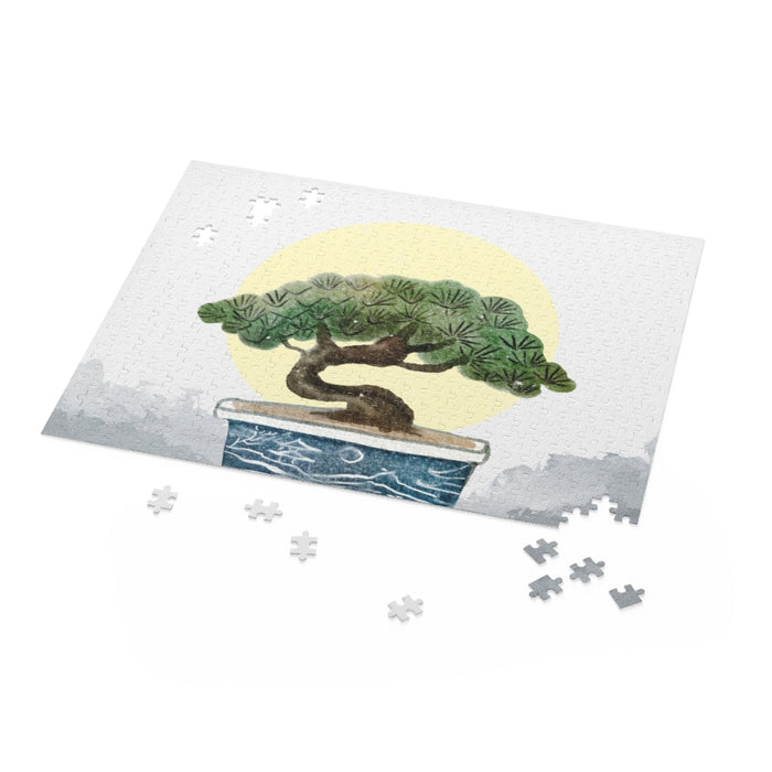 500-Piece Jigsaw Puzzle of a Bonsai Plant: white, pale yellow bonsai tree, illustrated, Japanese-inspired style