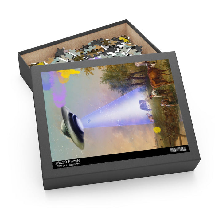 500-Piece Jigsaw Puzzle of a Cow Being Abducted by a UFO: black, gray UFO/alien abduction scene, illustrative sci-fi fantasy